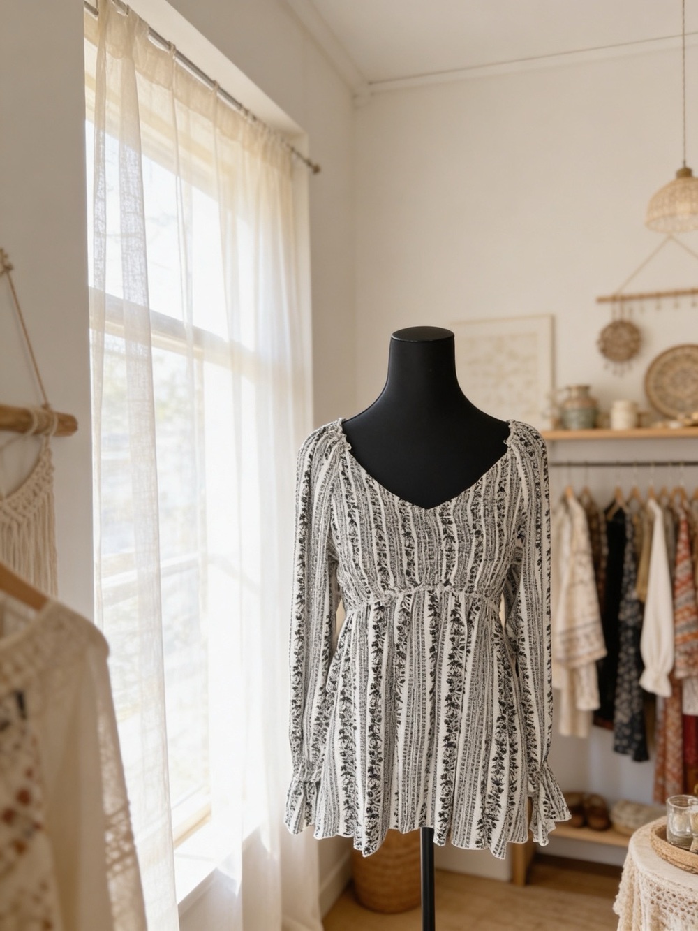 Black & White Floral Long-Sleeve Empire Waist Dress
